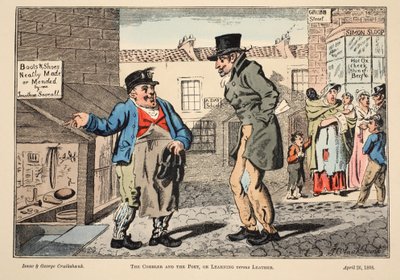 De schoenmaker en de dichter, of Leren vs. Leren, 1808 door Isaac, Robert and George Cruikshank